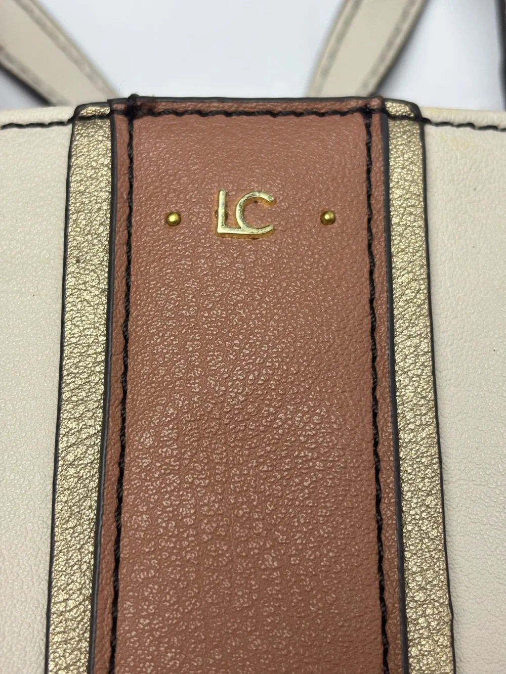 Liz Claiborne Cream Tote with Brown Center Stripe